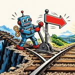 Blaszany robot przestawia zwrotnicę i kieruje ruch z urwanego mostu na działające tory - przekierowanie 301 zamiast błędu 404