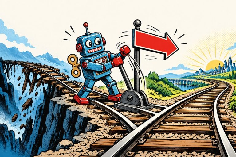 Blaszany robot przestawia zwrotnicę i kieruje ruch z urwanego mostu na działające tory - przekierowanie 301 zamiast błędu 404
