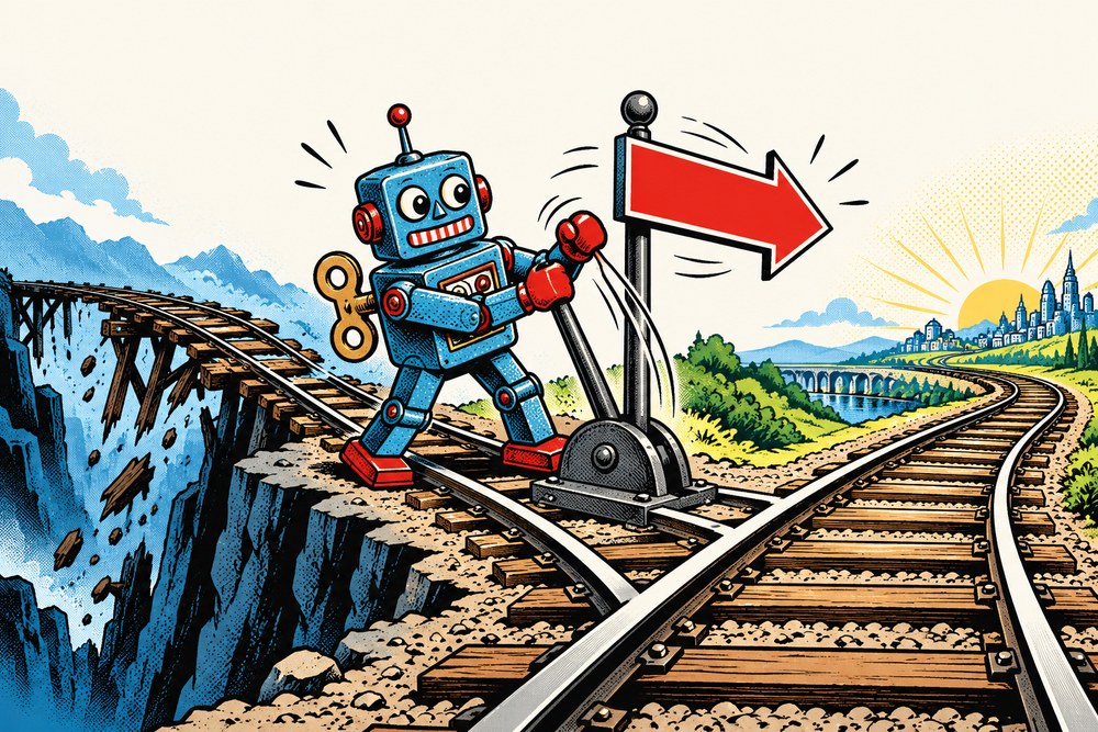 Blaszany robot przestawia zwrotnicę i kieruje ruch z urwanego mostu na działające tory - przekierowanie 301 zamiast błędu 404