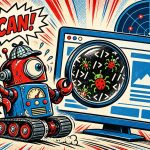 Robot detektyw z lupą znajduje wirusy w kodzie strony internetowej - jak sprawdzić, czy strona ma wirusa