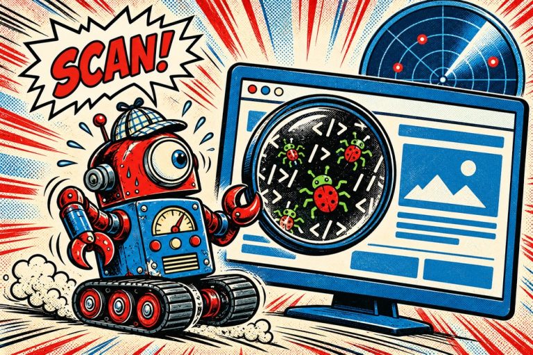 Robot detektyw z lupą znajduje wirusy w kodzie strony internetowej - jak sprawdzić, czy strona ma wirusa
