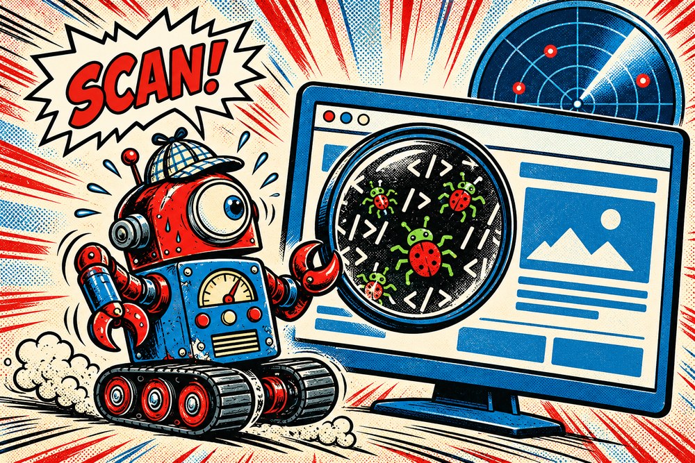 Robot detektyw z lupą znajduje wirusy w kodzie strony internetowej - jak sprawdzić, czy strona ma wirusa