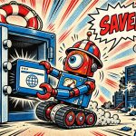 Robot ratownik wyjmuje z sejfu kopię strony, w tle spalony serwer - kopia zapasowa WordPress