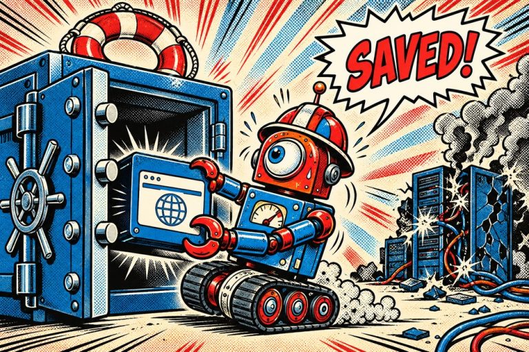 Robot ratownik wyjmuje z sejfu kopię strony, w tle spalony serwer - kopia zapasowa WordPress