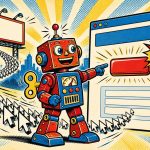 Blaszany robot wskazuje duży przycisk na stronie docelowej, do której prowadzą kliknięcia z reklamy - landing page