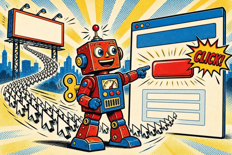 Blaszany robot wskazuje duży przycisk na stronie docelowej, do której prowadzą kliknięcia z reklamy - landing page