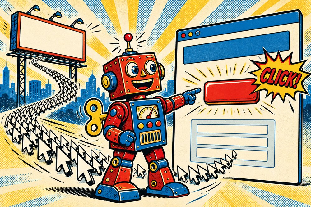 Blaszany robot wskazuje duży przycisk na stronie docelowej, do której prowadzą kliknięcia z reklamy - landing page