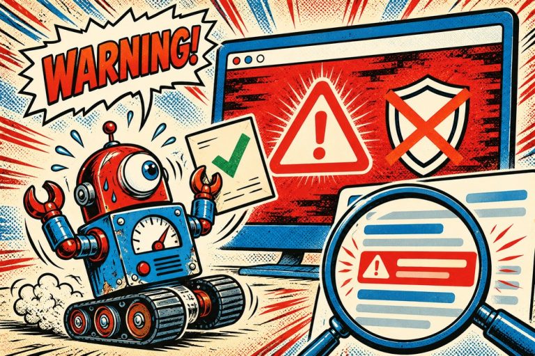 Robot wysyła prośbę o ponowne sprawdzenie przed czerwonym ostrzeżeniem przeglądarki - ostrzeżenie Google o zhakowanej witrynie