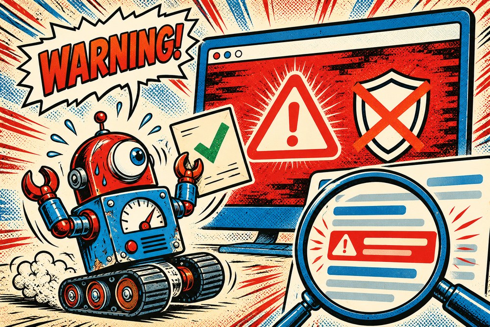 Robot wysyła prośbę o ponowne sprawdzenie przed czerwonym ostrzeżeniem przeglądarki - ostrzeżenie Google o zhakowanej witrynie