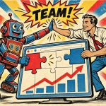 Robot i klient przybijają piątkę i razem składają stronę z puzzli - współpraca przy projekcie strony i SEO
