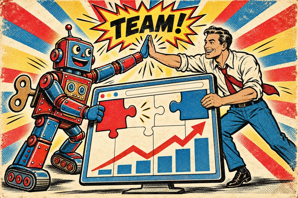 Robot i klient przybijają piątkę i razem składają stronę z puzzli - współpraca przy projekcie strony i SEO