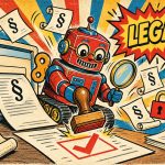 Komiksowy robot przybija pieczątkę z ptaszkiem na dokumentach z symbolem paragrafu obok strony internetowej