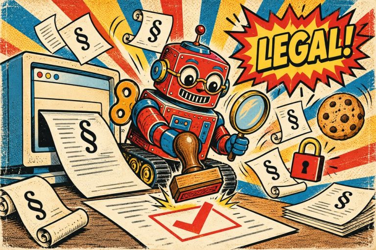 Komiksowy robot przybija pieczątkę z ptaszkiem na dokumentach z symbolem paragrafu obok strony internetowej