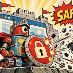 Robot strażnik z tarczą i kłódką broni strony - zabezpieczenie WordPress przed włamaniem