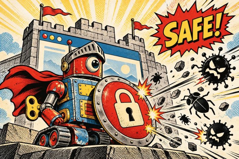 Robot strażnik z tarczą i kłódką broni strony - zabezpieczenie WordPress przed włamaniem