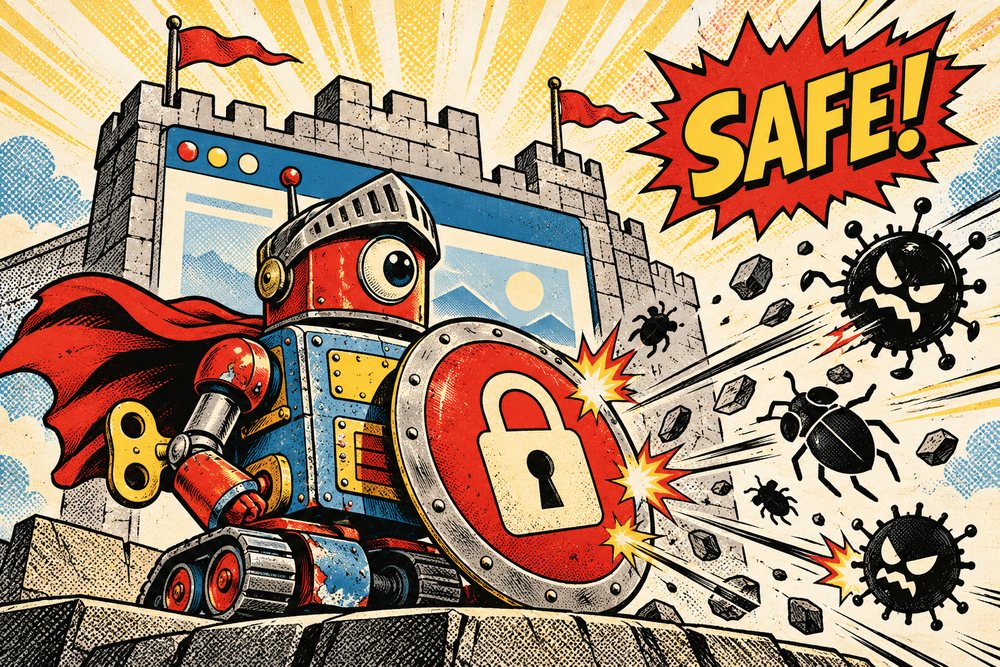Robot strażnik z tarczą i kłódką broni strony - zabezpieczenie WordPress przed włamaniem