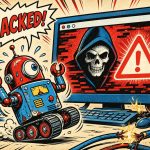 Robot w panice przed monitorem z czaszką hakera - zhakowana strona WordPress