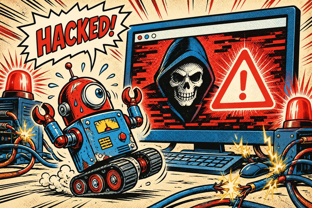 Robot w panice przed monitorem z czaszką hakera - zhakowana strona WordPress